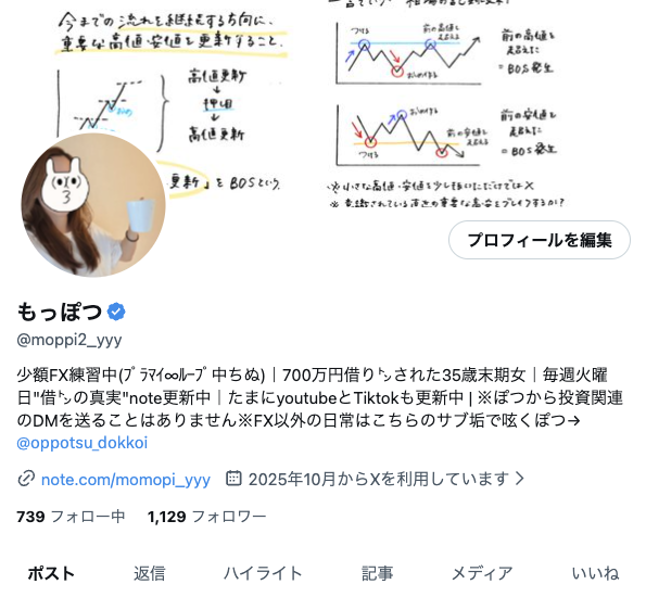 もっぽつのXプロフィール画面のスクリーンショット